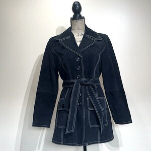 Vintage Black Button-Up Genuine Leather Trench Coat Jacket